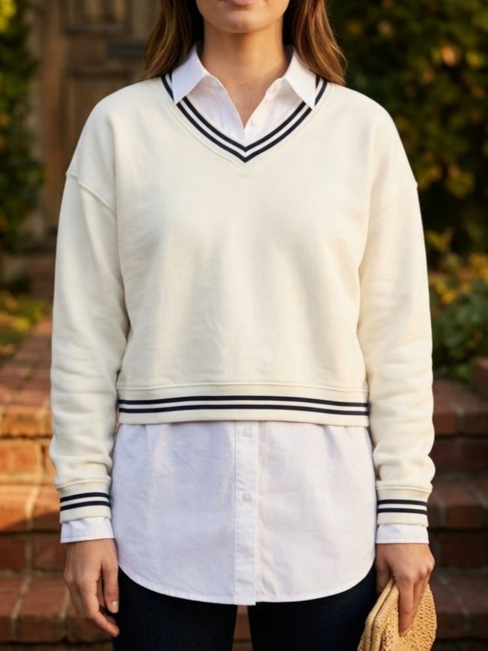 Pink Rose Cream V-Neck Sweater with Navy Stripe Trim